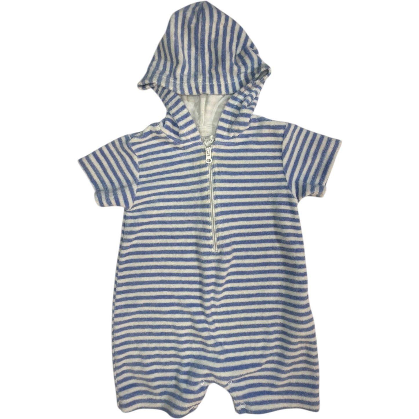 6-9M Kissy Kissy Blue and White Striped Terry Cloth Cover Up Shortall with Hoodie GUC