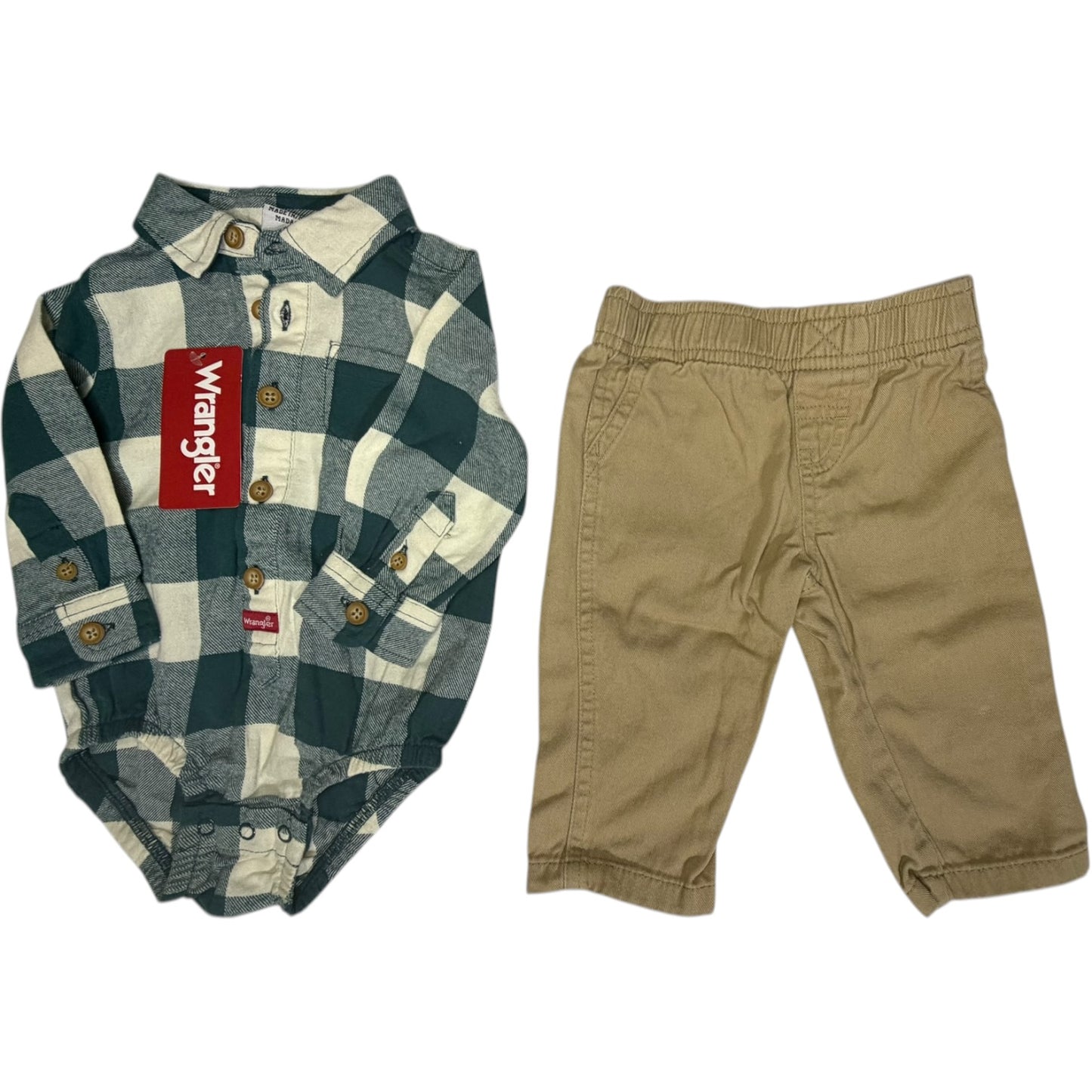 3-6M | Wrangler | Blue & White Checkered Bubble & Khaki Pants Set | NWT and GUC