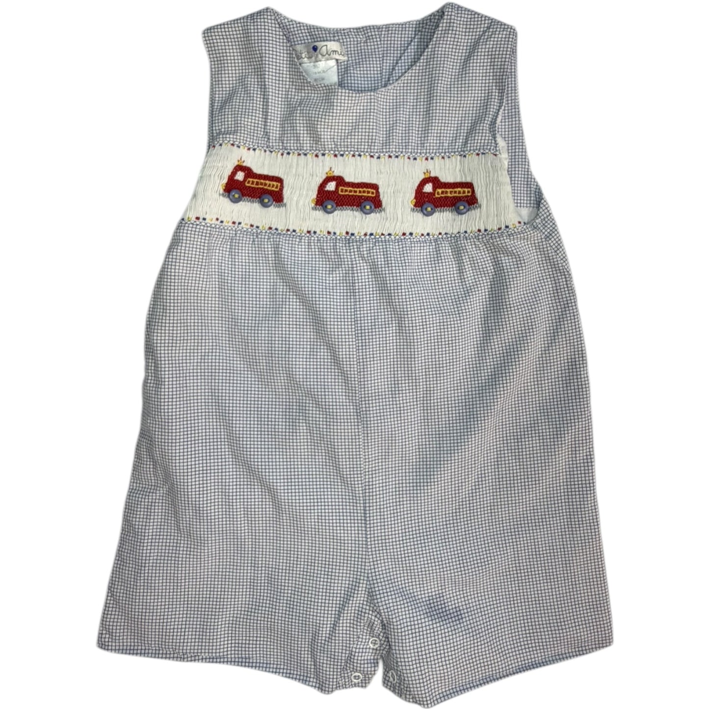 18M | Petit Ami Blue & White Firetruck Smocked Shortall | EUC