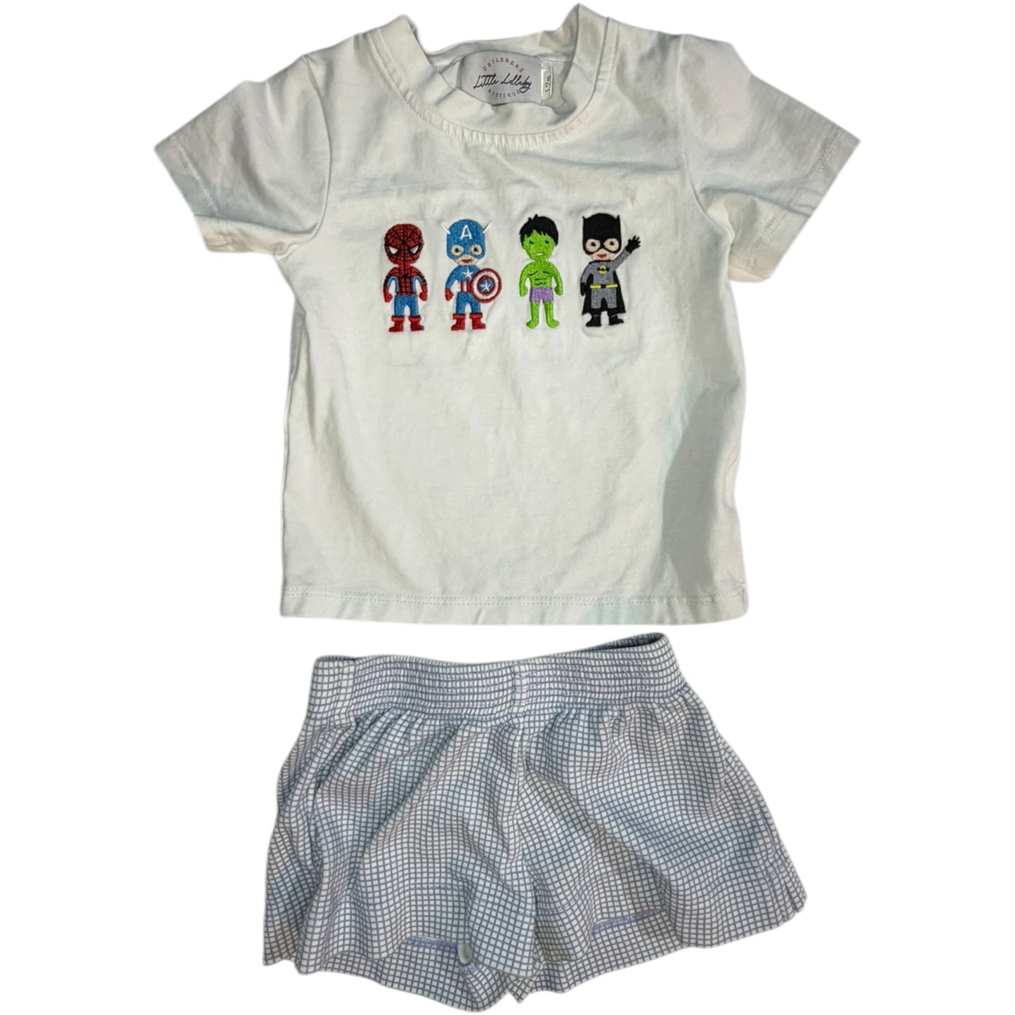 12M | Little Lullaby & Baby Luigi | Superhero Shirt & Blue Checkered Shorts Bundle | EUC