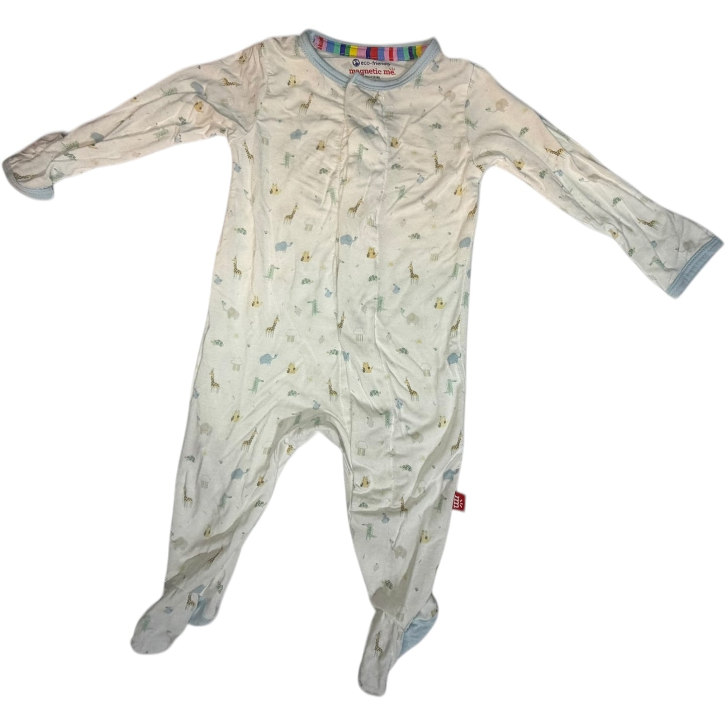0-3M | Magnetic Me | White and Blue Zoo Animal Long Sleeve Footed Sleeper | GUC