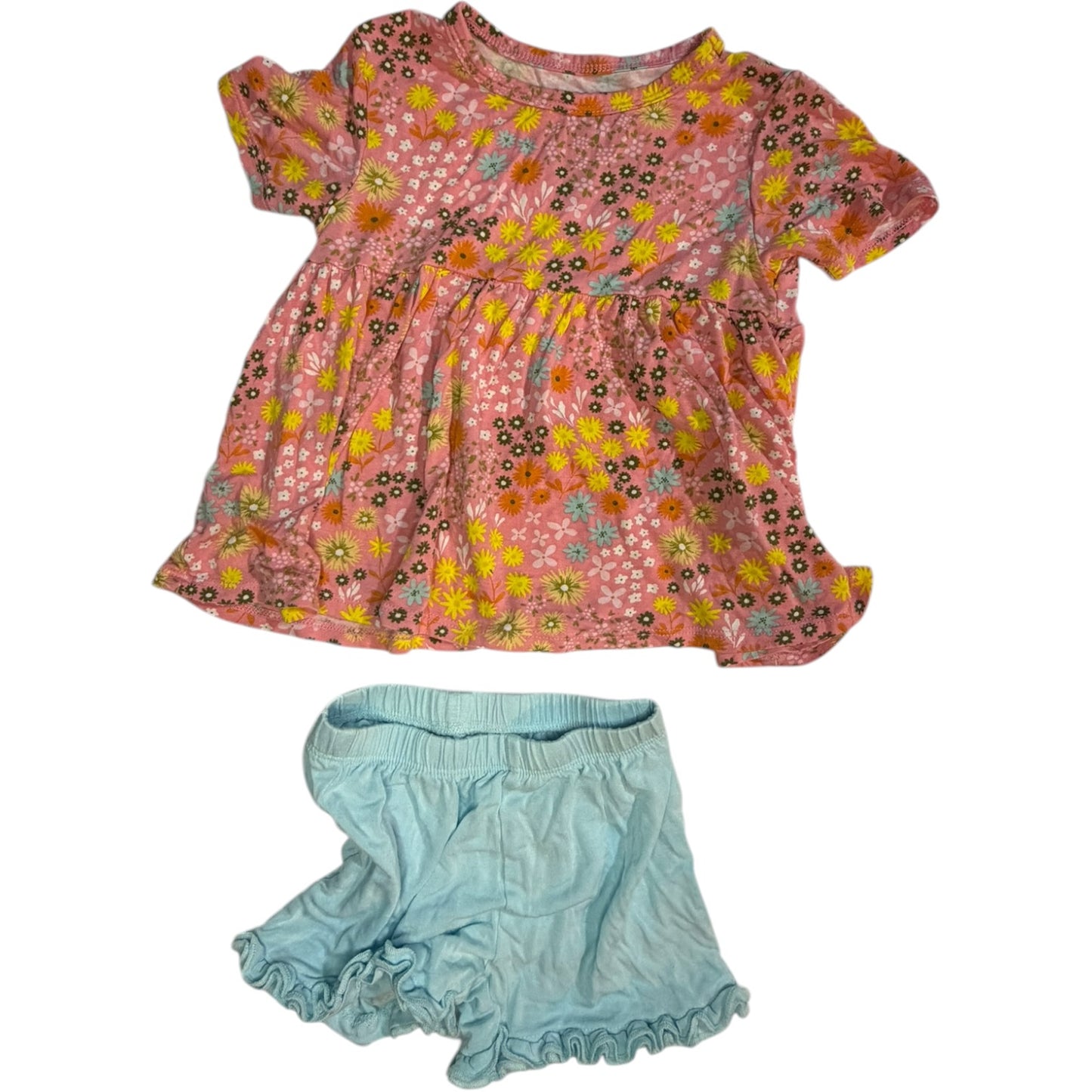 2T | Posh Peanut | Pink Floral Bamboo Blouse & Baby Blue Ruffle Shorts Set | GUC