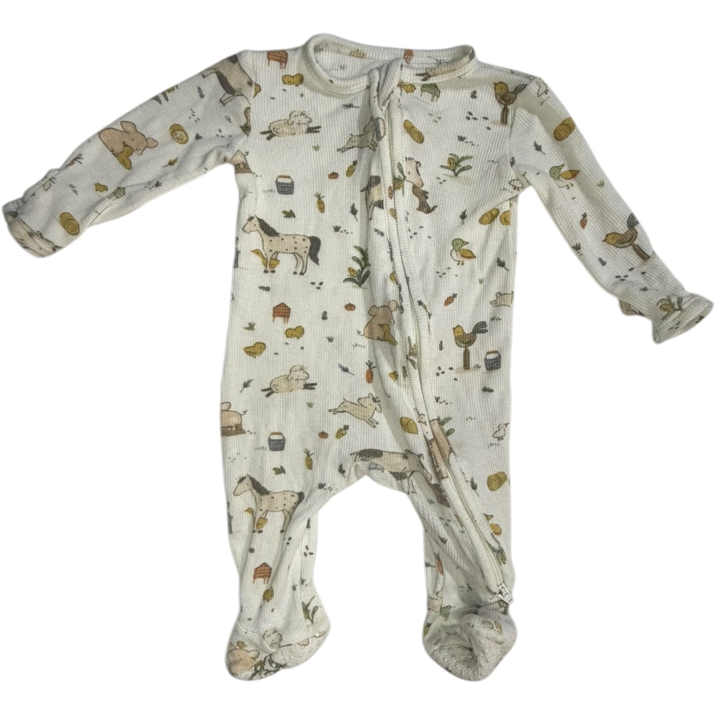 0-3M | Angel Dear | White Long-Sleeve Farm Animal Bamboo Footed Sleeper with Grippies | GUC