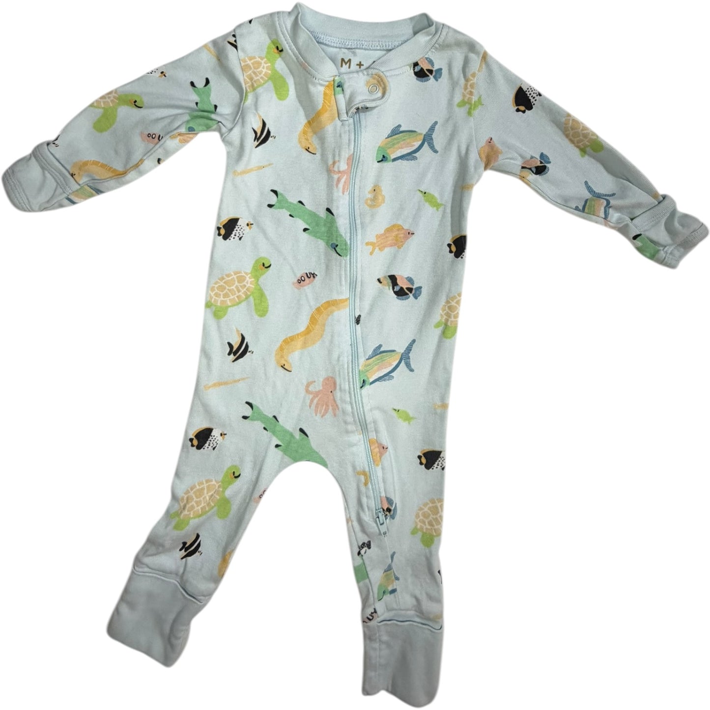 3-6M | Monica + Andy | Baby Blue Ocean Fish Long-sleeve Sleeper with Hands and Feet In/Out Option | GUC
