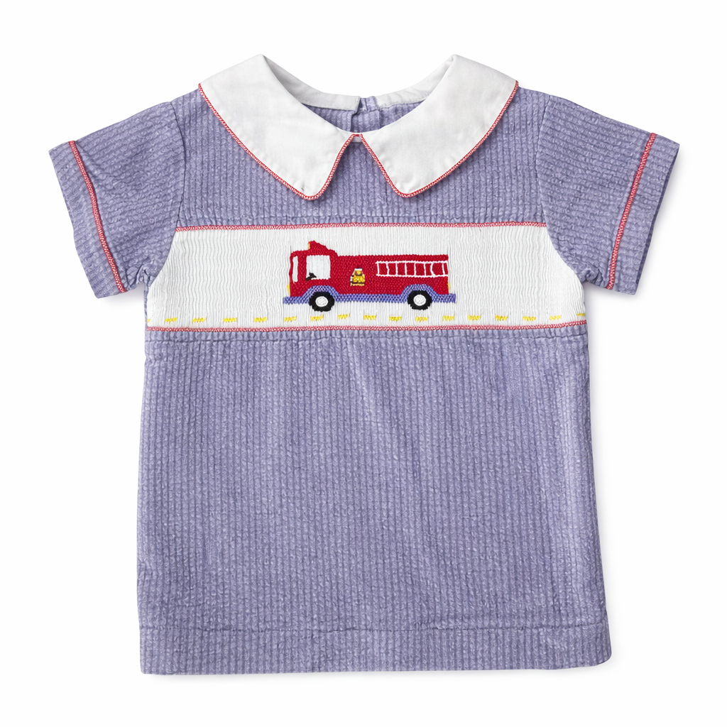 Est. Size 4T | Unknown Brand | Blue Firetruck Peter Pan Collar Button Down | GUC