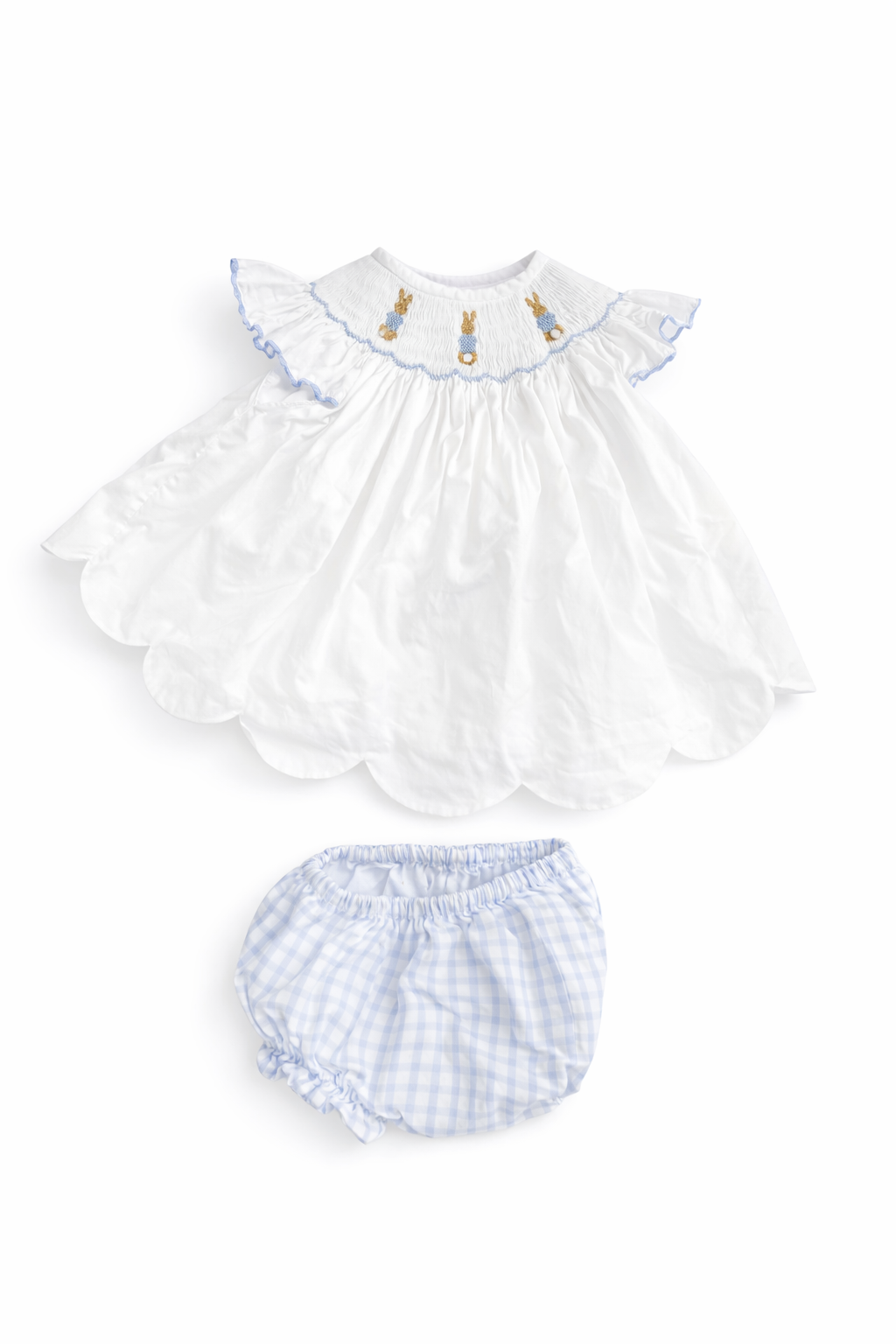 Size 12M | Sweet Dreams Designs | White Smocked Bunny Blouse with Blue Bloomers | EUC