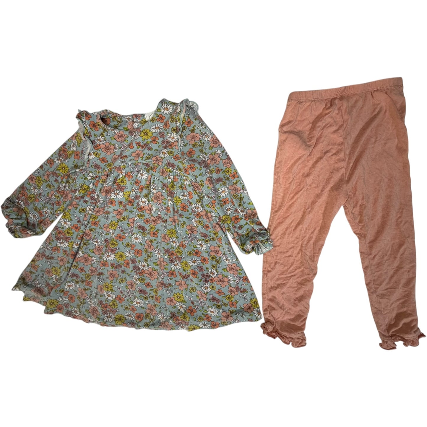 18-24M | Angel Dear | Long-sleeve Floral Bamboo Dress with Coral Leggings Set | Play