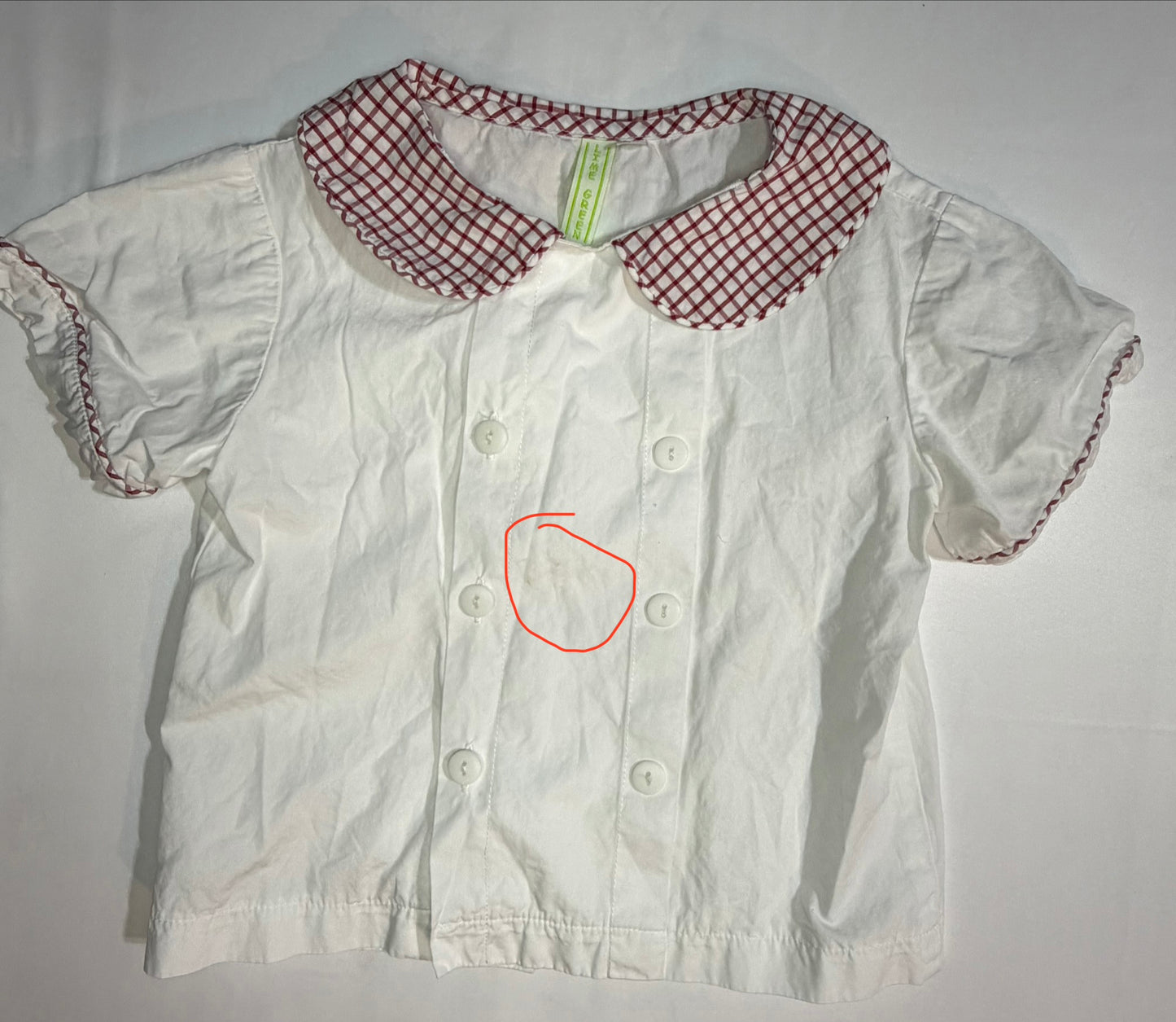 Size 4T | Lime Green | White Button-Down with Red Gingham Peter Pan Collar | GUC