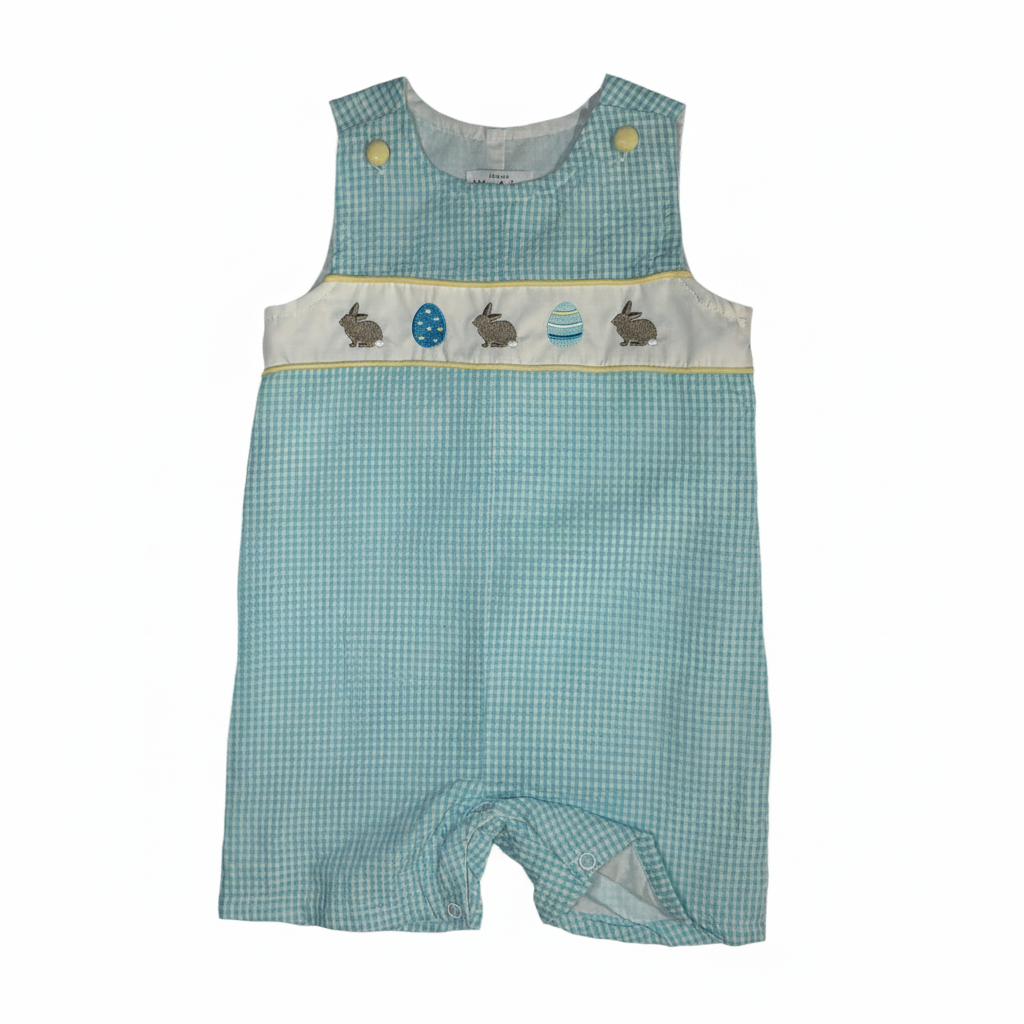 Size 12M | Abby & Evie | Blue Gingham Easter Bunny & Egg Smocked Jon Jon | NWT