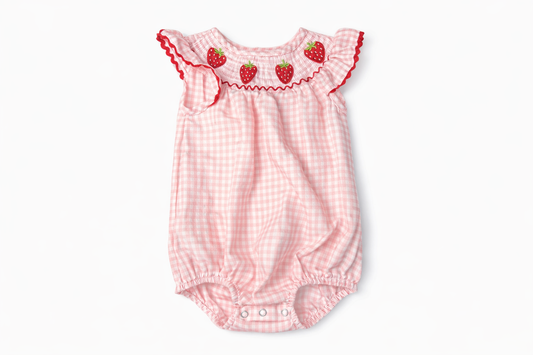 6-12M | Strawberry Pink Gingham Bubble | EUC