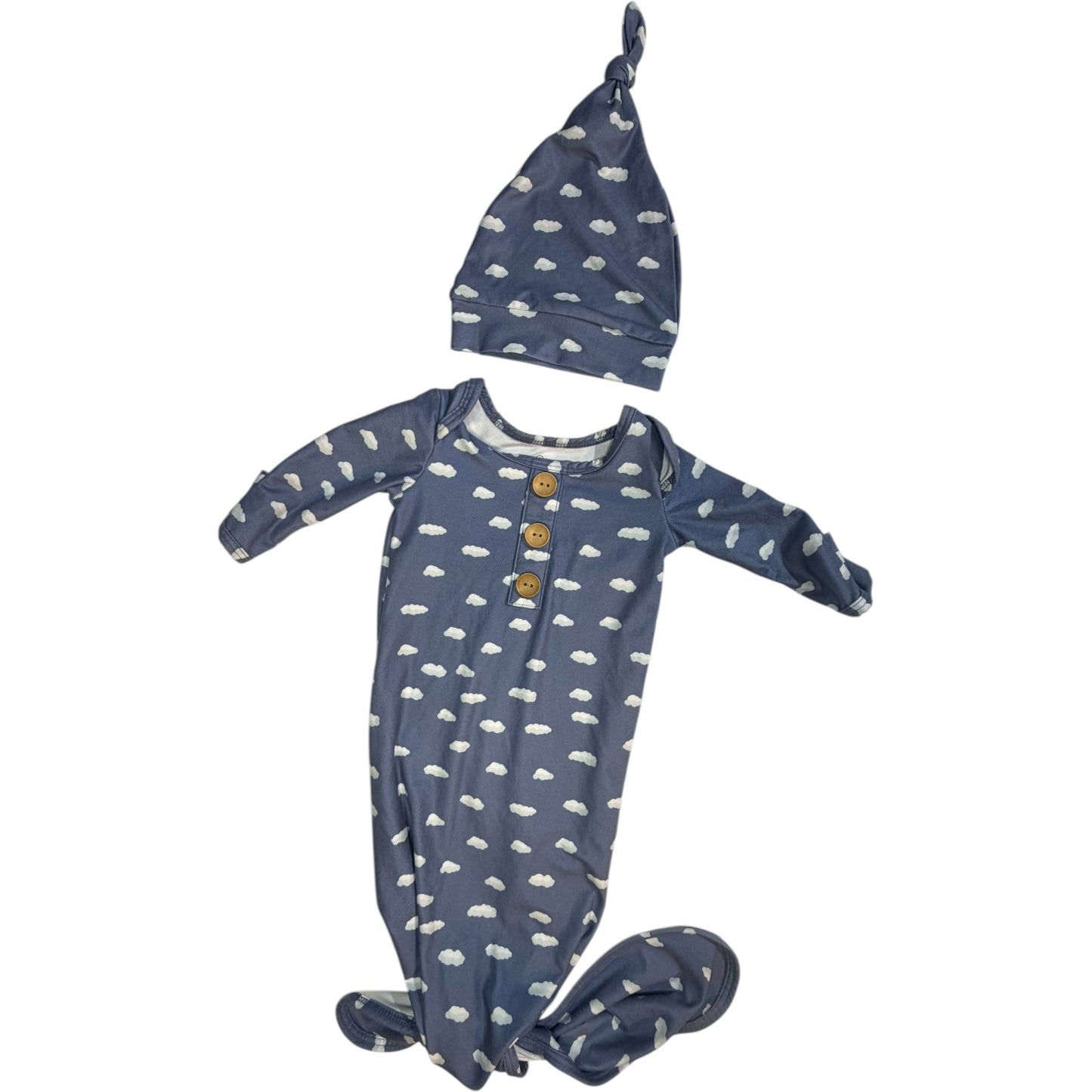 0-3M | Caden Lane | Blue with White Clouds Long Sleeve Knot Nightgown with Matching Hat | GUC