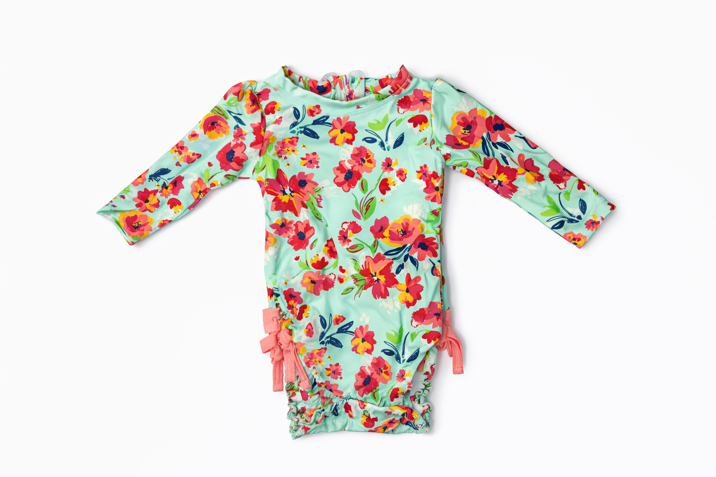 6-12M | Ruffle Butts | Blue Long-Sleeve Floral Swimsuit | EUC