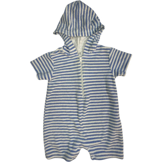 6-9M Kissy Kissy Blue and White Striped Terry Cloth Cover Up Shortall with Hoodie GUC