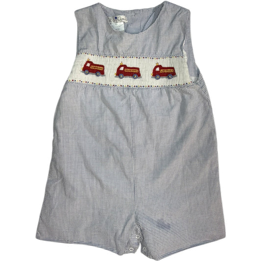 18M | Petit Ami Blue & White Firetruck Smocked Shortall | EUC