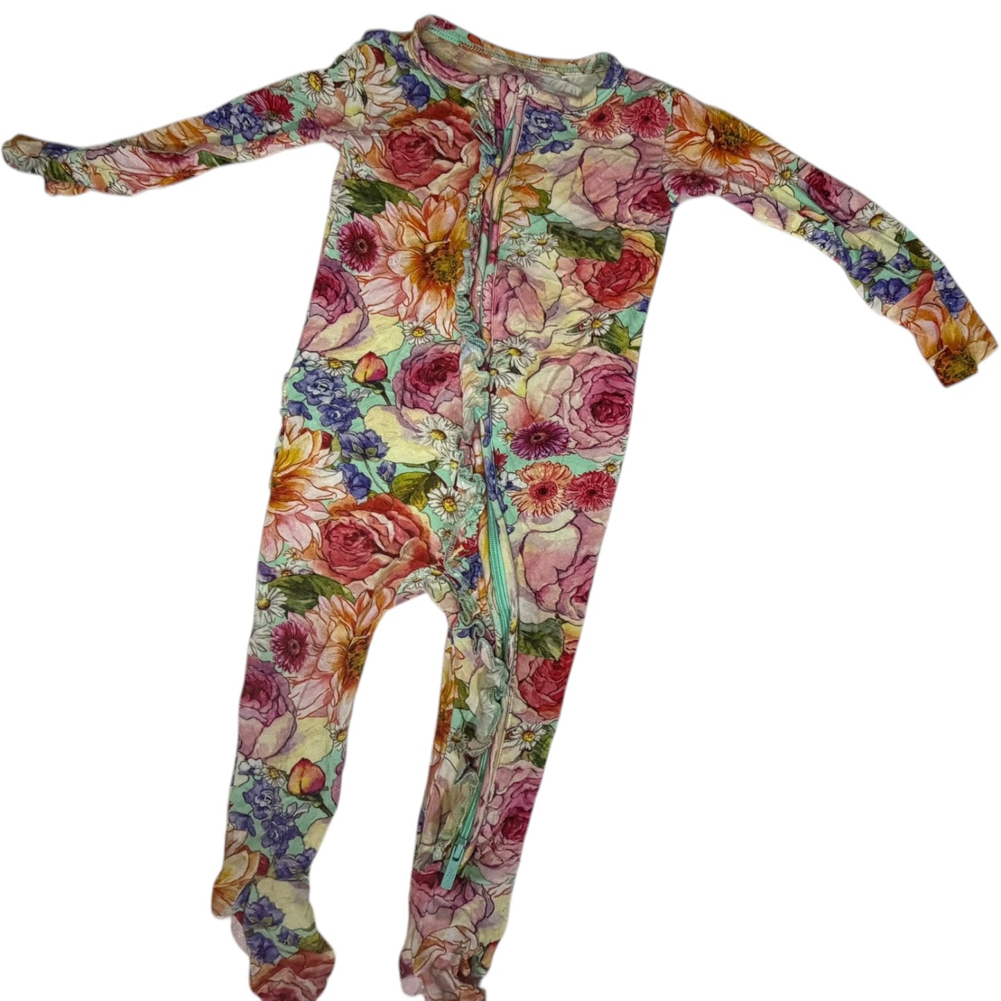 6-9M | Posh Peanut | Bright Floral Long-sleeve Footed Bamboo Sleeper | GUC