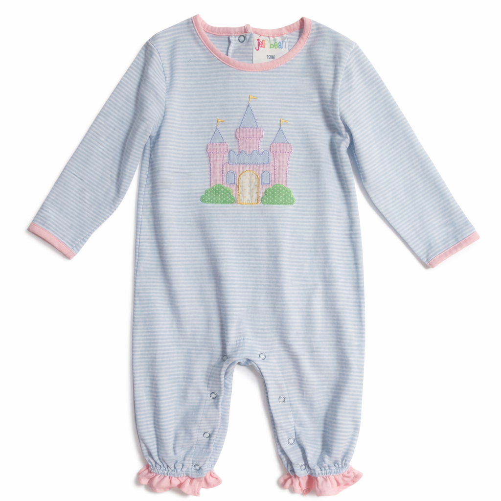 Size 12M | Jelly Bean | Castle Appliqué Romper | Blue Stripe | GUC