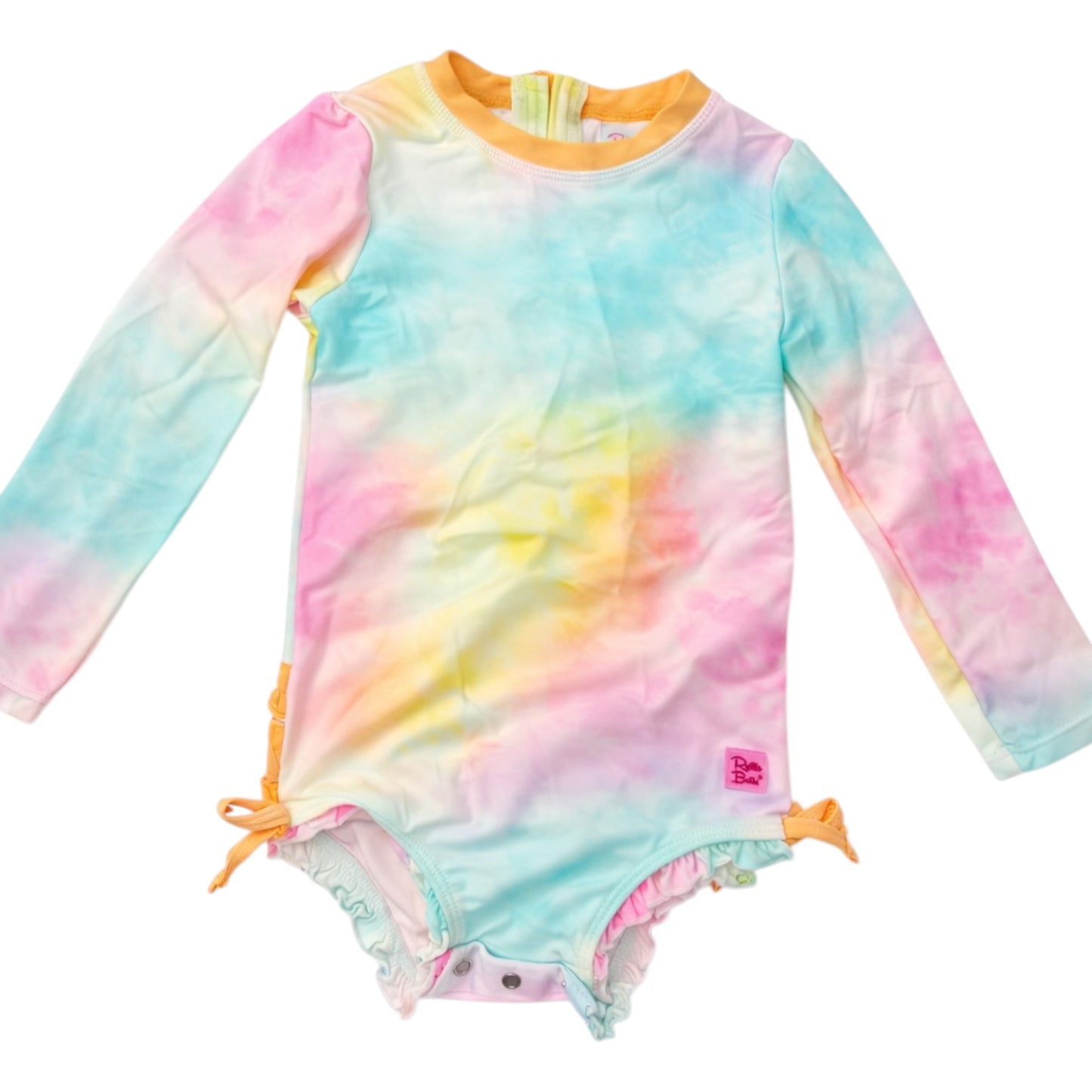 Size 3T | RuffleButts Rainbow Tie-Dye Long Sleeve Rash Guard | EUC
