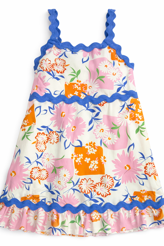 Est. Size 8 | Orange & Pink Floral Dress w/ Built-In Slip | GUC