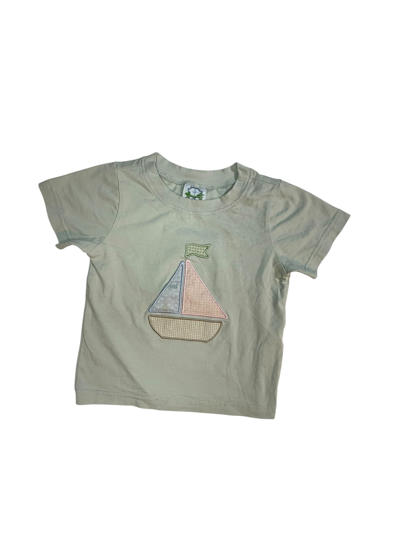 2T | Southern Taters | Light Green Sailboat Short-Sleeve Shirt & Green Seersucker Diaper Cover Set | EUC