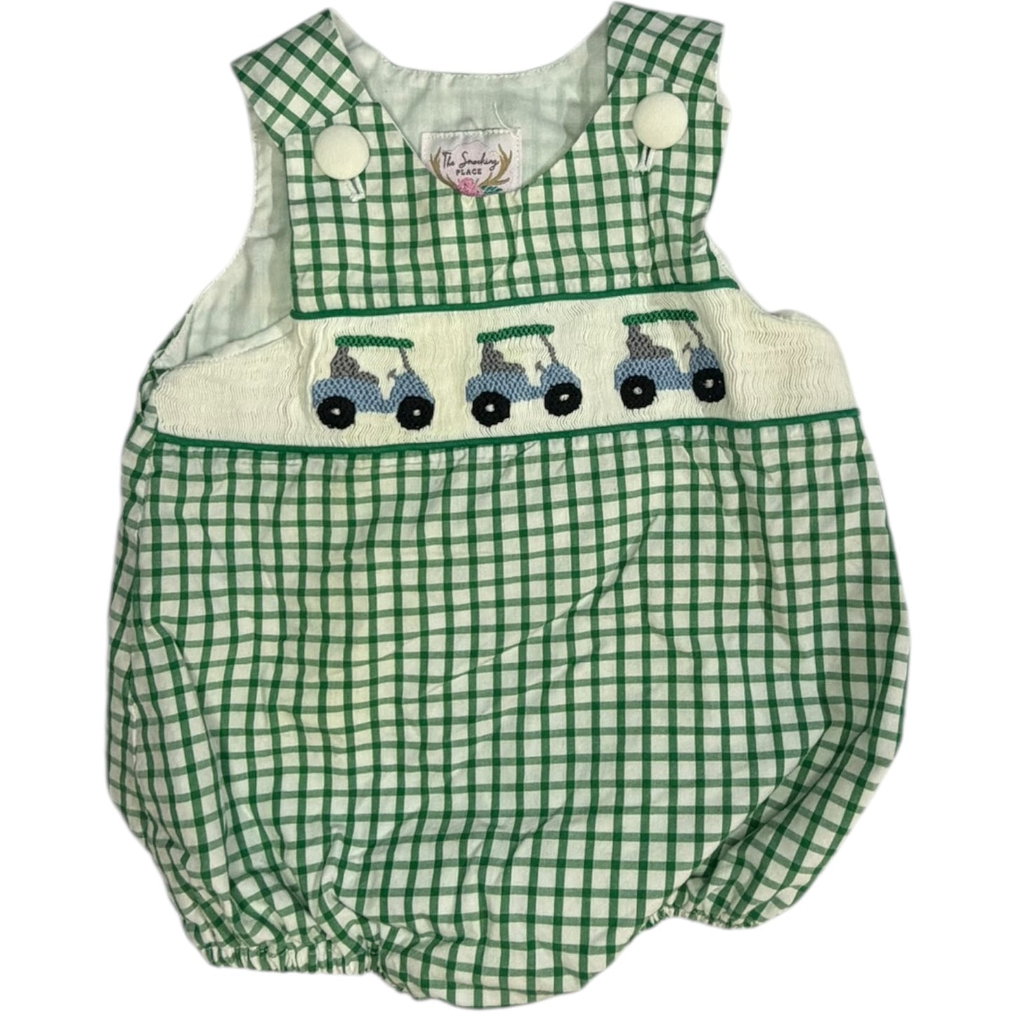 6M The Smocking Place Green and White Golf Cart Smocked Bubble