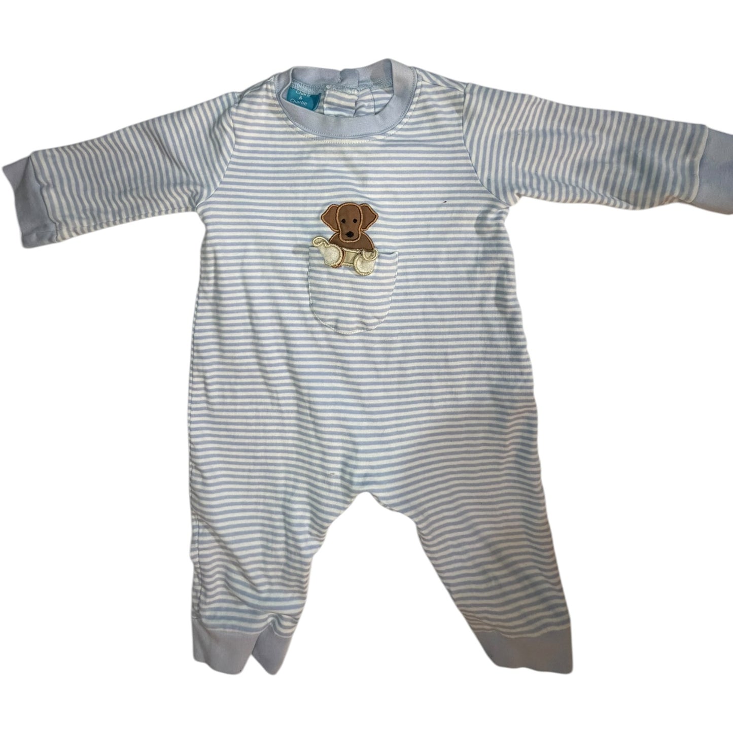 18M | Claire and Charlie | Baby Blue and White Striped Longall with Puppy Dog Pocket | GUC