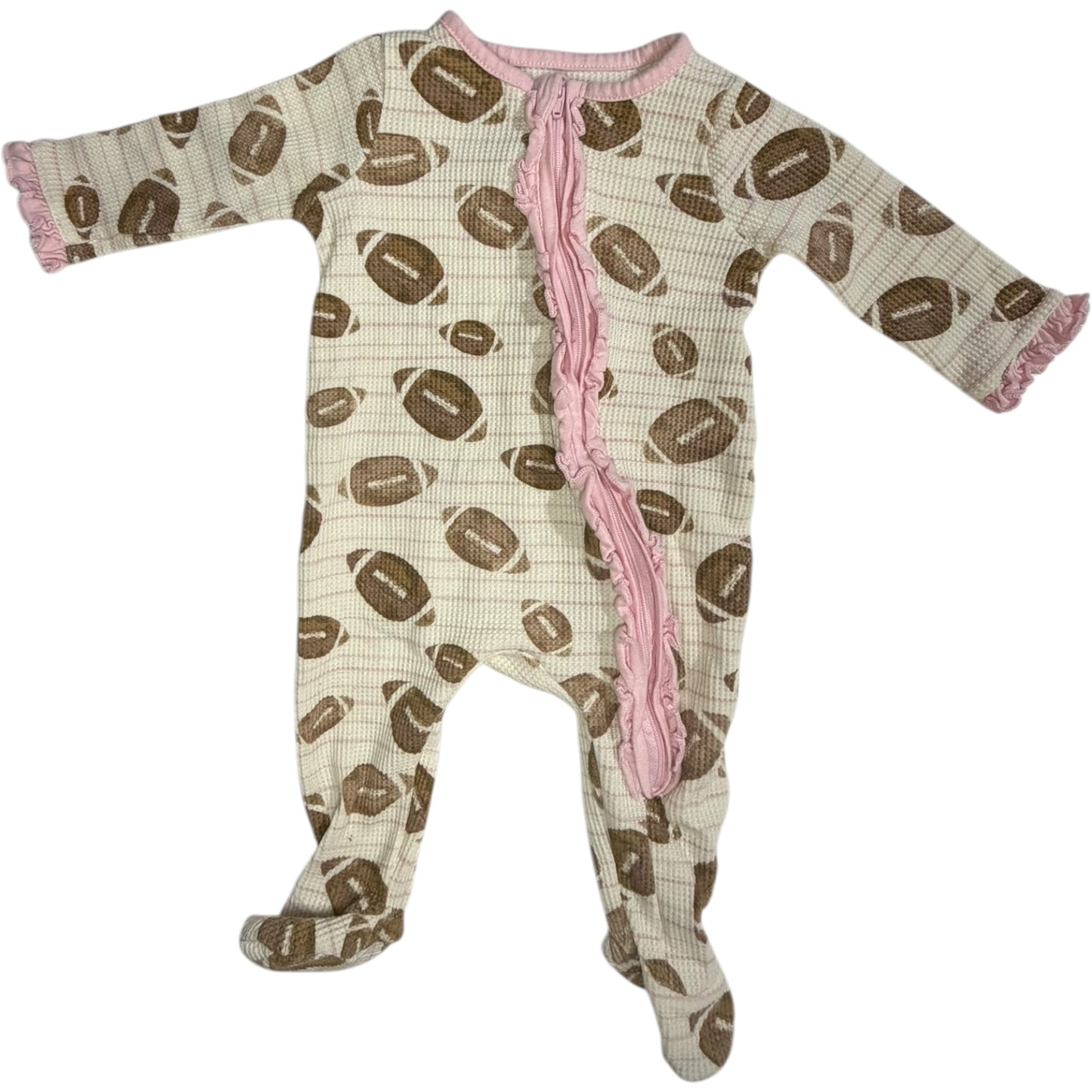 0-3M | Mud Pie | Cream and Pink Football Ruffle Long Sleeve Footed Sleeper | EUC