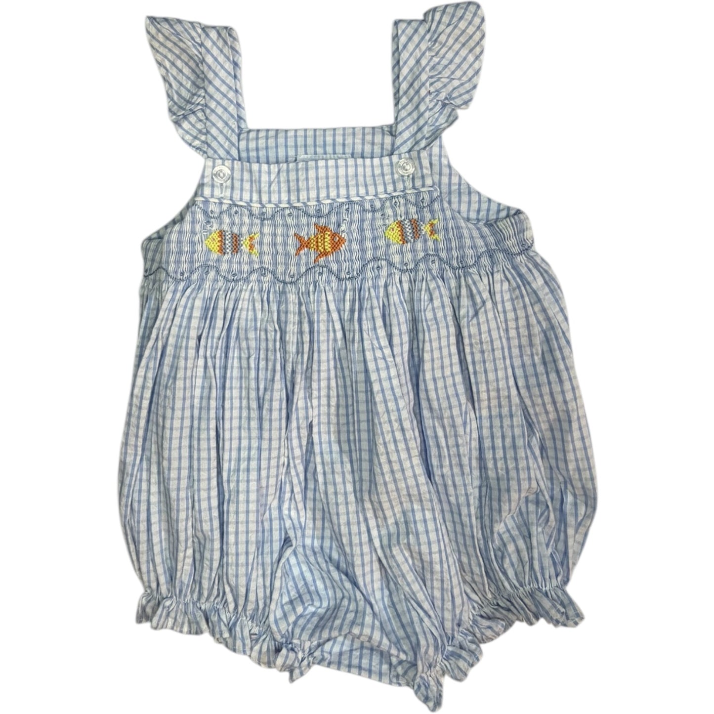 12M | Little English Blue & White Checkered Fish Smocked Bubble | EUC
