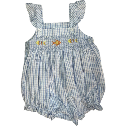 12M | Little English Blue & White Checkered Fish Smocked Bubble | EUC