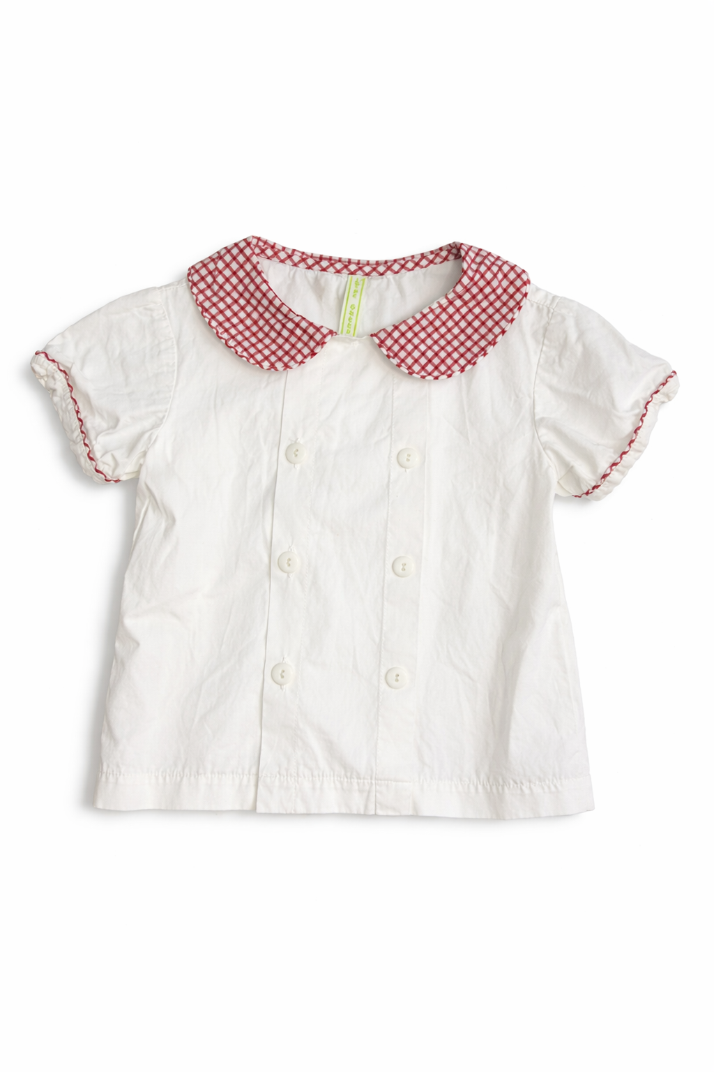 Size 4T | Lime Green | White Button-Down with Red Gingham Peter Pan Collar | GUC