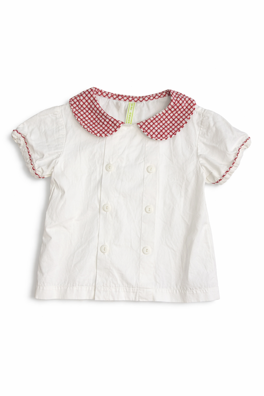 Size 4T | Lime Green | White Button-Down with Red Gingham Peter Pan Collar | GUC
