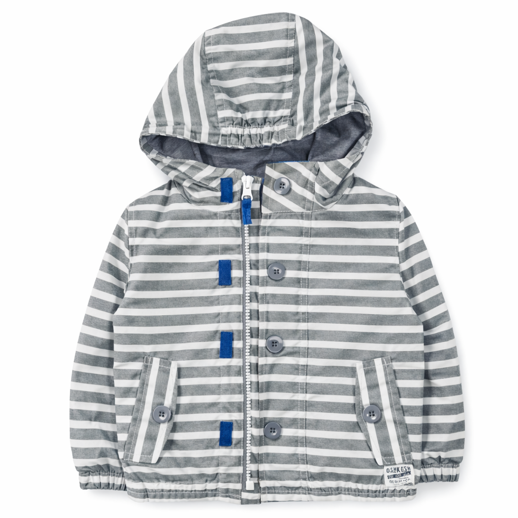 Size 12M | OshKosh | Boys Gray & White Striped Hooded Rain Jacket | GUC