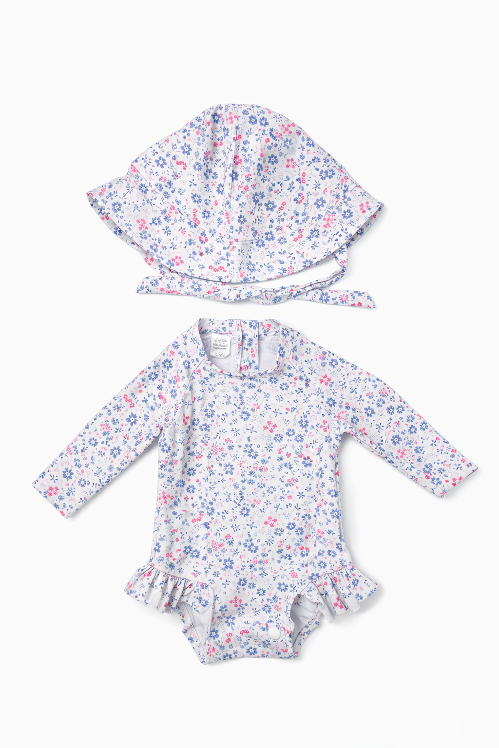 3-6M | Blue Floral Long Sleeve Rash Guard Swimsuit with Hat | EUC