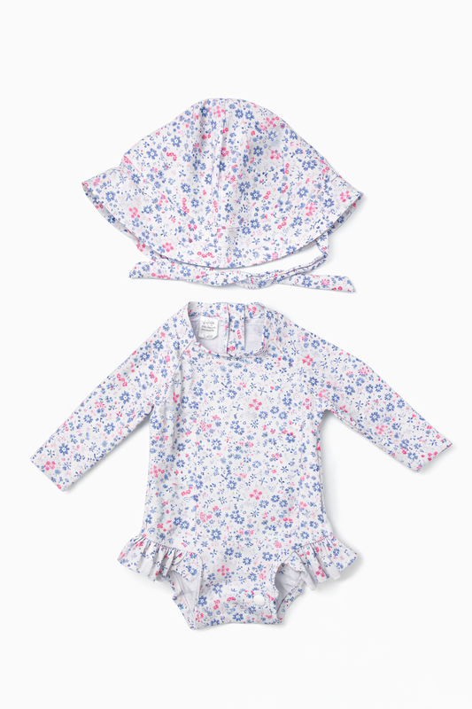 3-6M | Blue Floral Long Sleeve Rash Guard Swimsuit with Hat | EUC