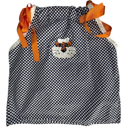 Blue, White & Orange Polka Dot Aubie Ribbon Dress EUC size Est. 2T gently used