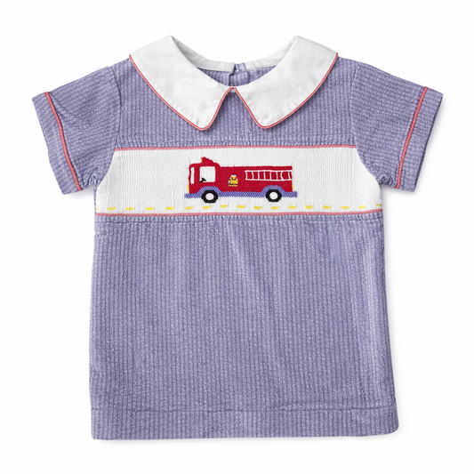 Est. Size 4T | Unknown Brand | Blue Firetruck Peter Pan Collar Button Down | GUC