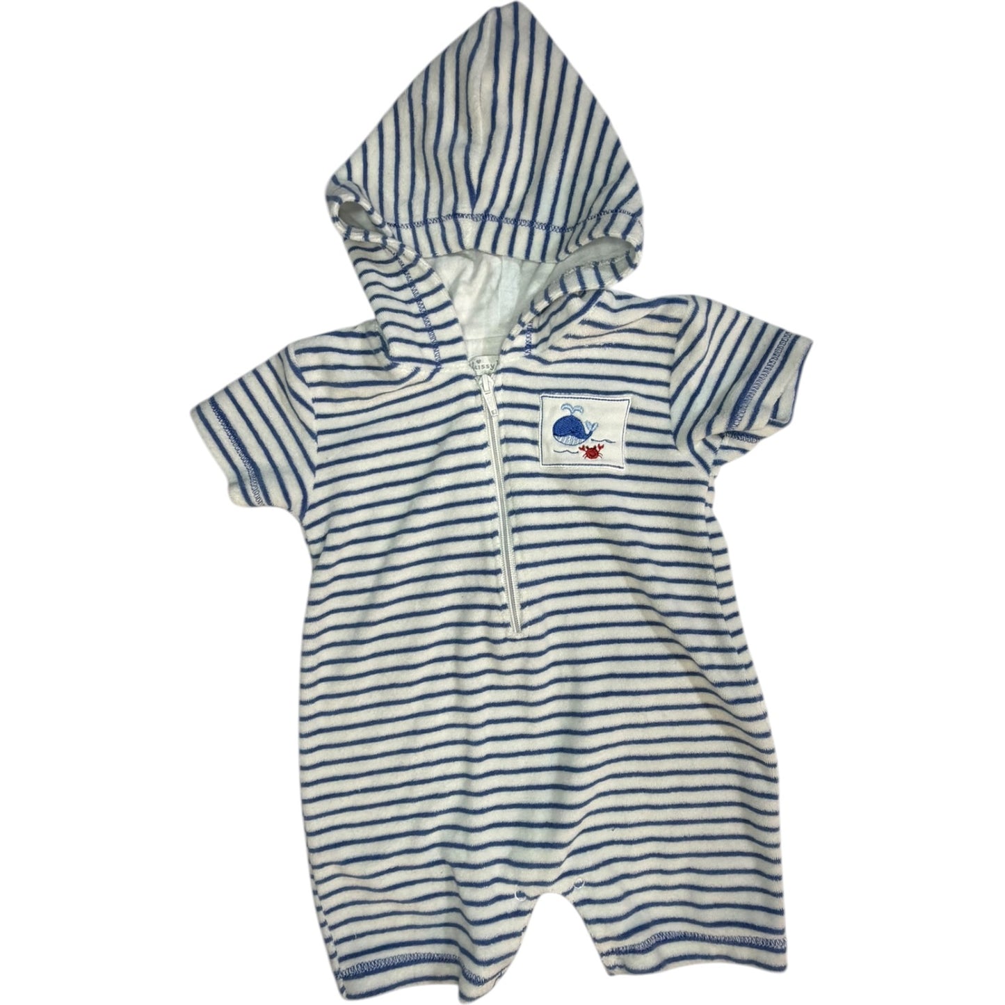 6-9M | Kissy Kissy | Blue and White Striped Terry Cloth Shortall with Whale Embroidery and Hood | EUC