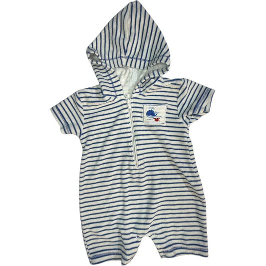 6-9M | Kissy Kissy | Blue and White Striped Terry Cloth Shortall with Whale Embroidery and Hood | EUC