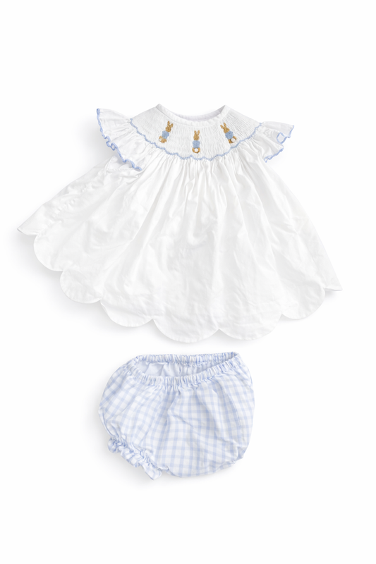 Size 12M | Sweet Dreams Designs | White Smocked Bunny Blouse with Blue Bloomers | EUC