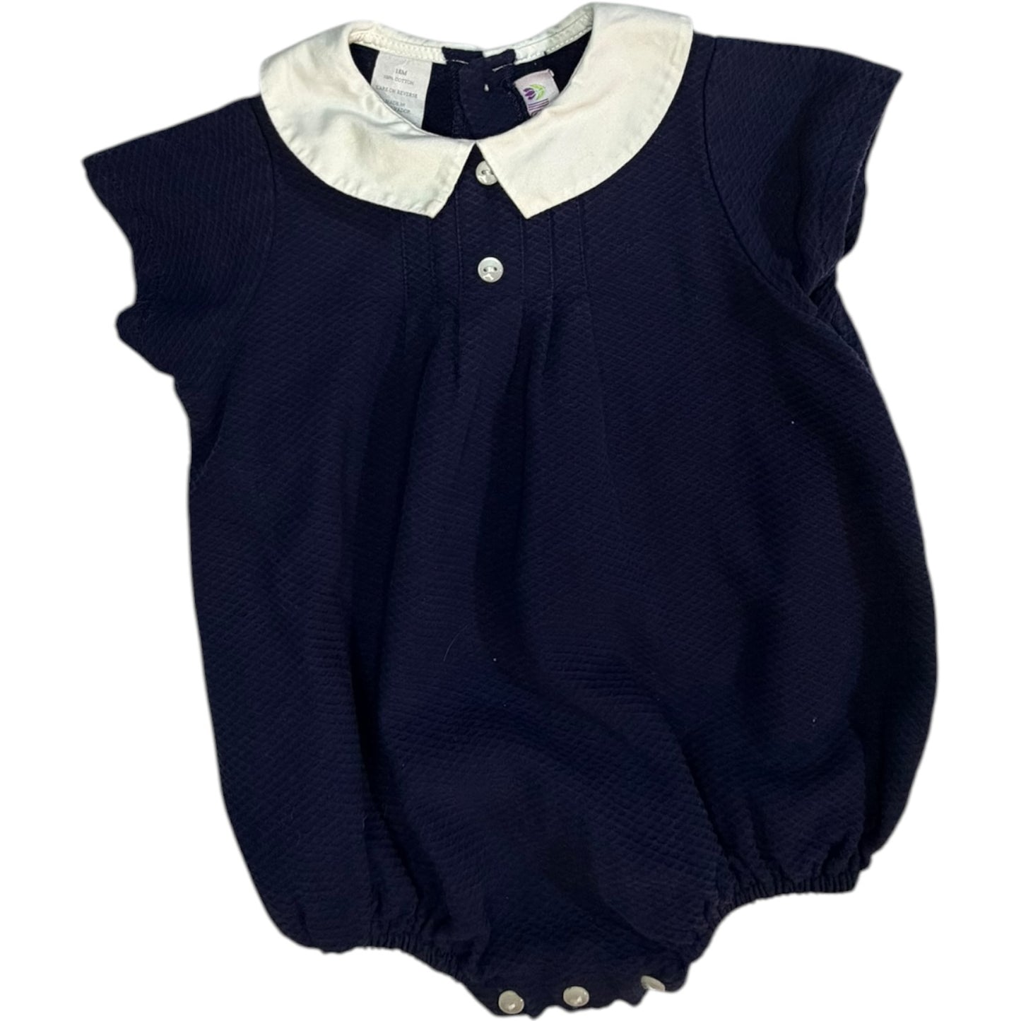 18M | Simi | Dark Blue & White Peter Pan Collar Waffle Knit Bubble | EUC