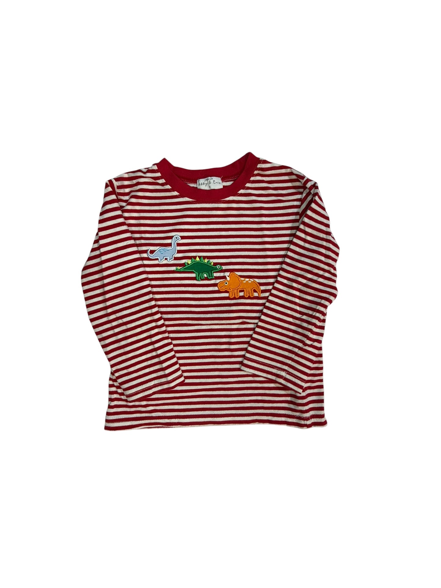 2T | Abby & Evie | Red and White Striped Long-Sleeve Dinosaur Appliqué Shirt | GUC