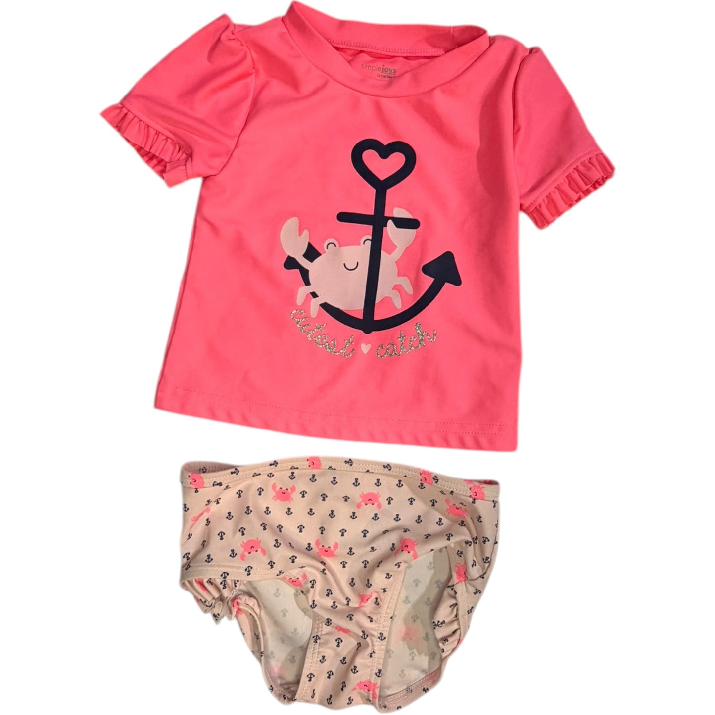 12M | Simple Joys by Carter's | Hot Pink Cutest Catch Anchor & Crab Two-Piece Swimsuit | EUC