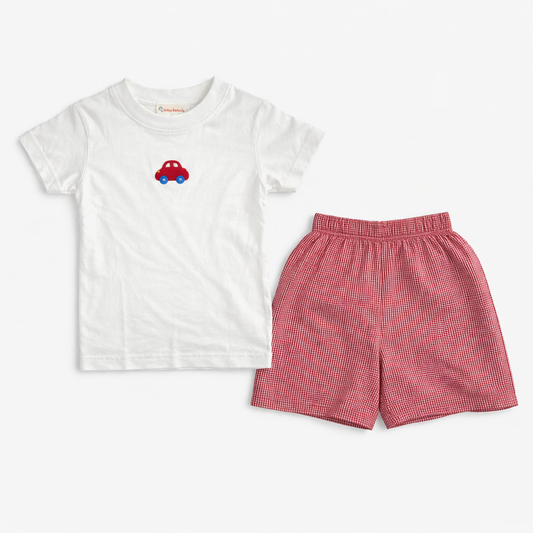 Sizes 9M/12M | Baby Luigi & Zuccini | Car Shirt & Red Checkered Shorts Set | GUC