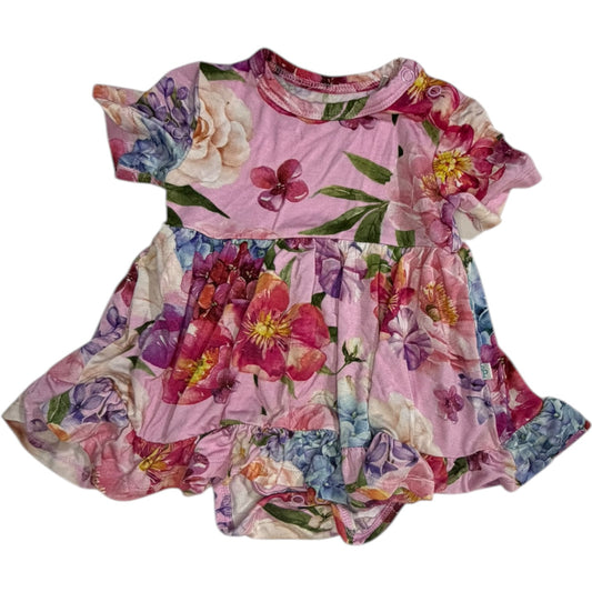 3-6M | Posh Peanut | Pink Floral Short-Sleeve Ruffle Bamboo Onesie Dress | GUC