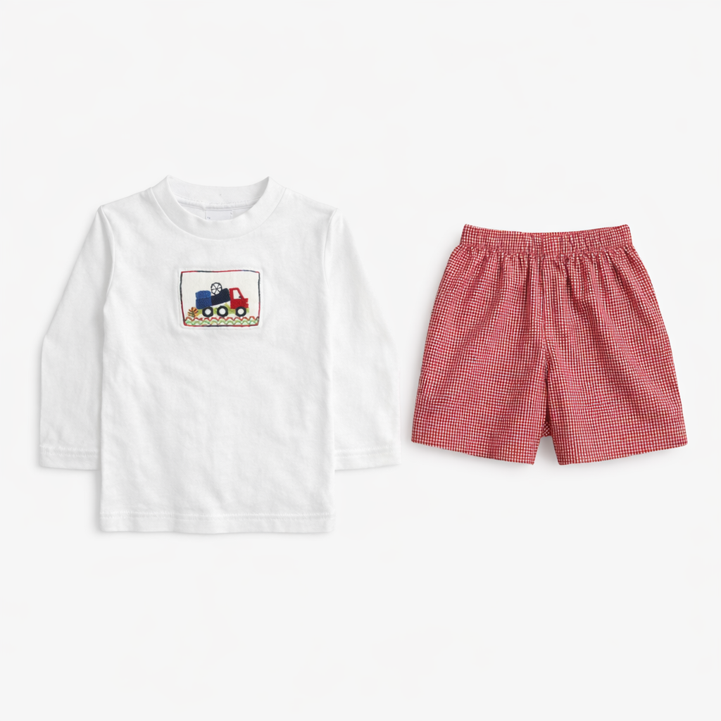 Size 12M | Smocked Giraffe Sport | Dump Truck Smock Set | Play