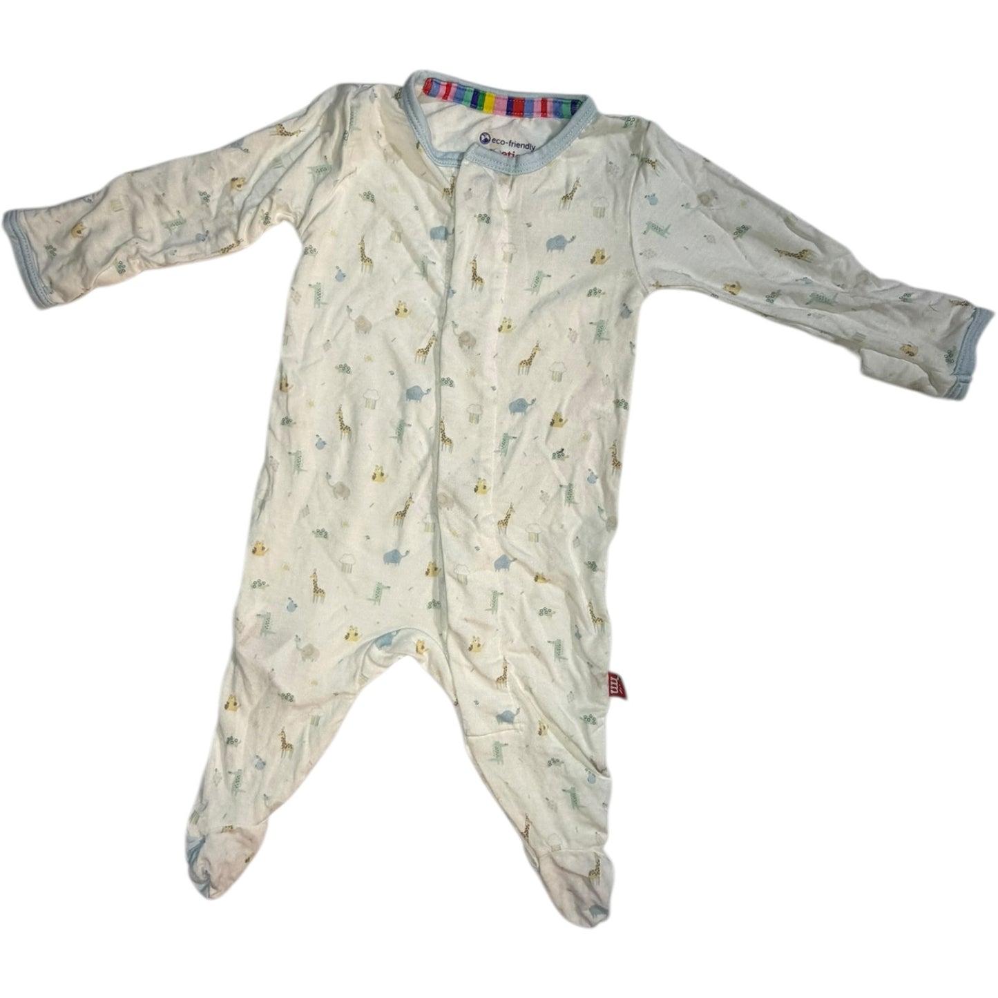 NB | Magnetic Me | White and Baby Blue Long-sleeve Zoo Animal Footed Bamboo Sleeper | GUC