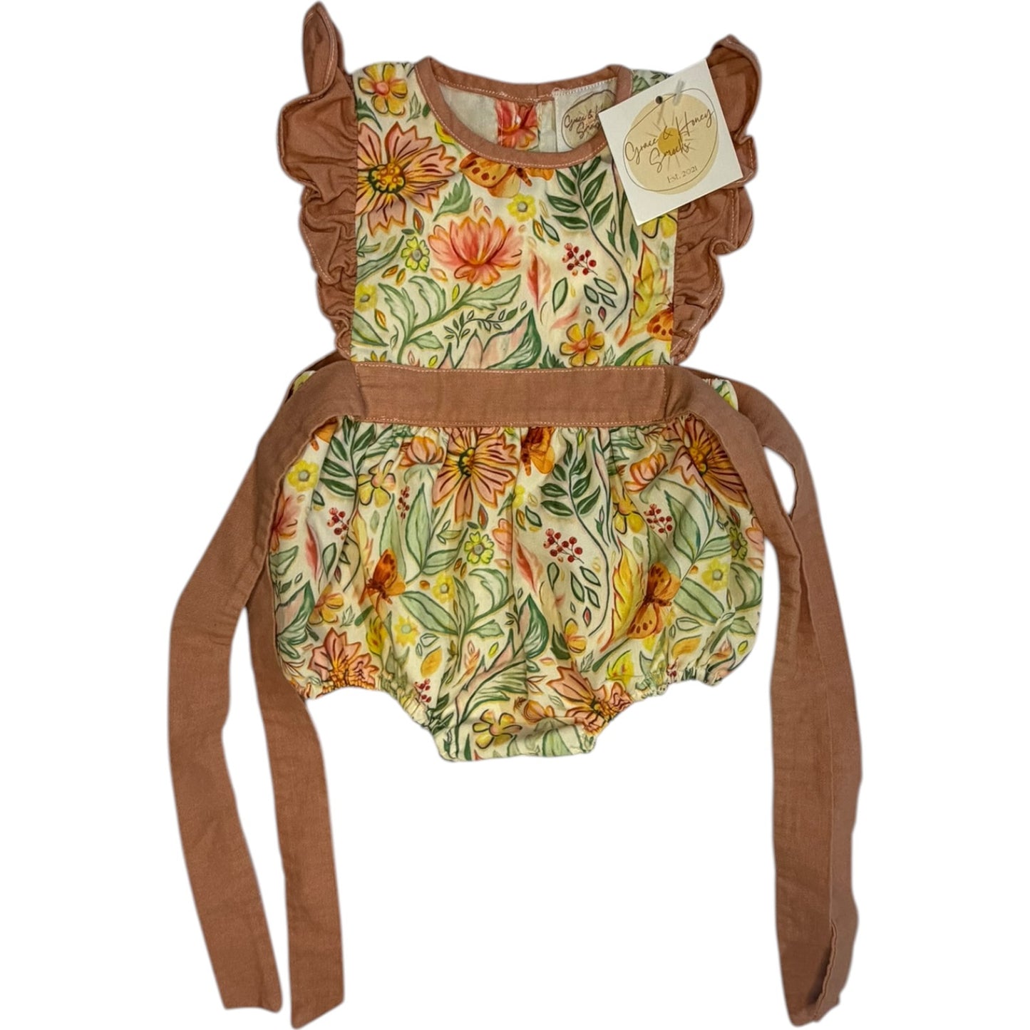 Newborn | Grace and Honey | Smocked Floral Ruffle Bubble with Tie Back | NWT
