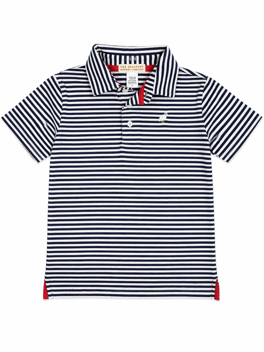 8 | The Beaufort Bonnet Company | Navy and White Striped Short-Sleeve Polo | EUC