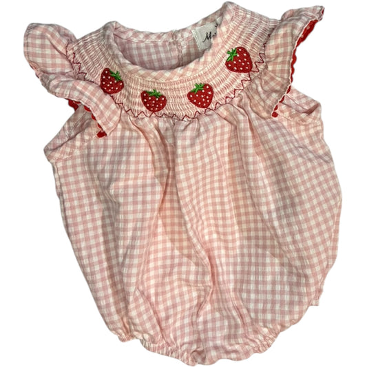 0-3M | Marie Nicole Clothing | Pink Gingham Strawberry Smocked Collar Bubble | EUC