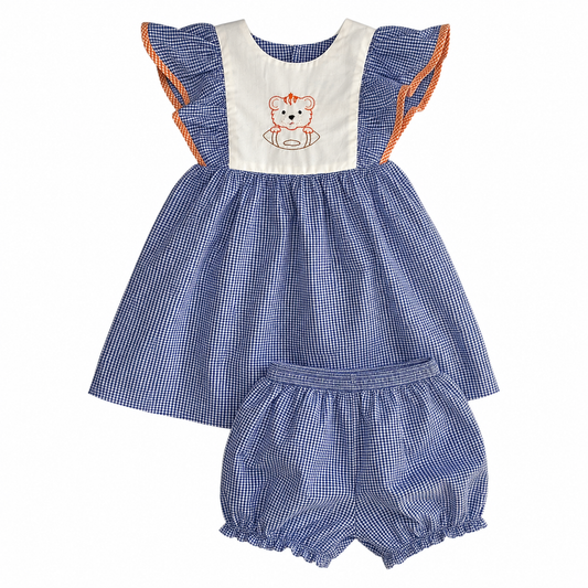 Southern Saturday by Remember Nguyen Blue, White & Orange Gingham Hand-Stitched Aubie Dress with Tie Bow and Matching Bloomer