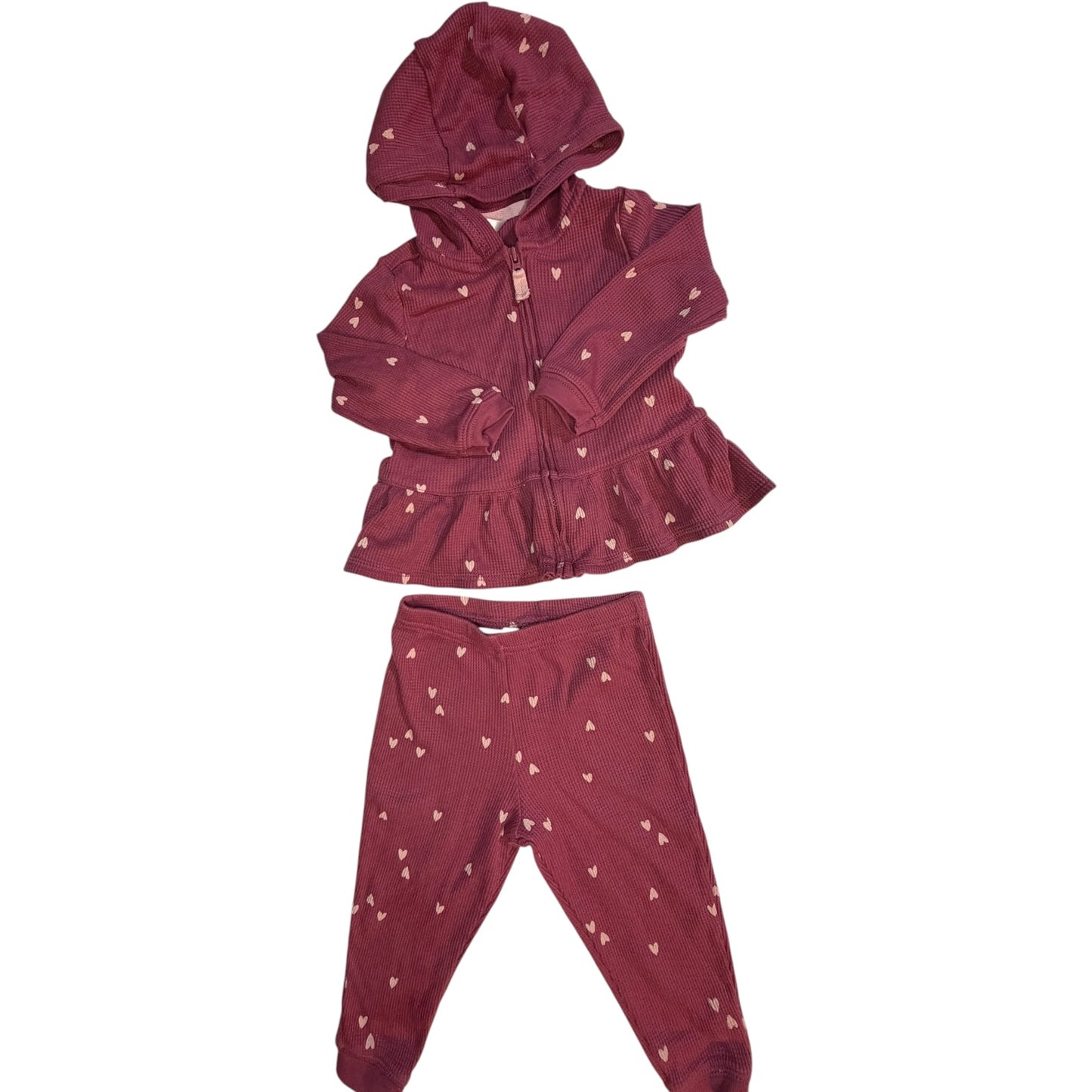12M | Carter's | Dark Pink Heart Waffle Knit Sweatsuit Set with Hoodie | EUC